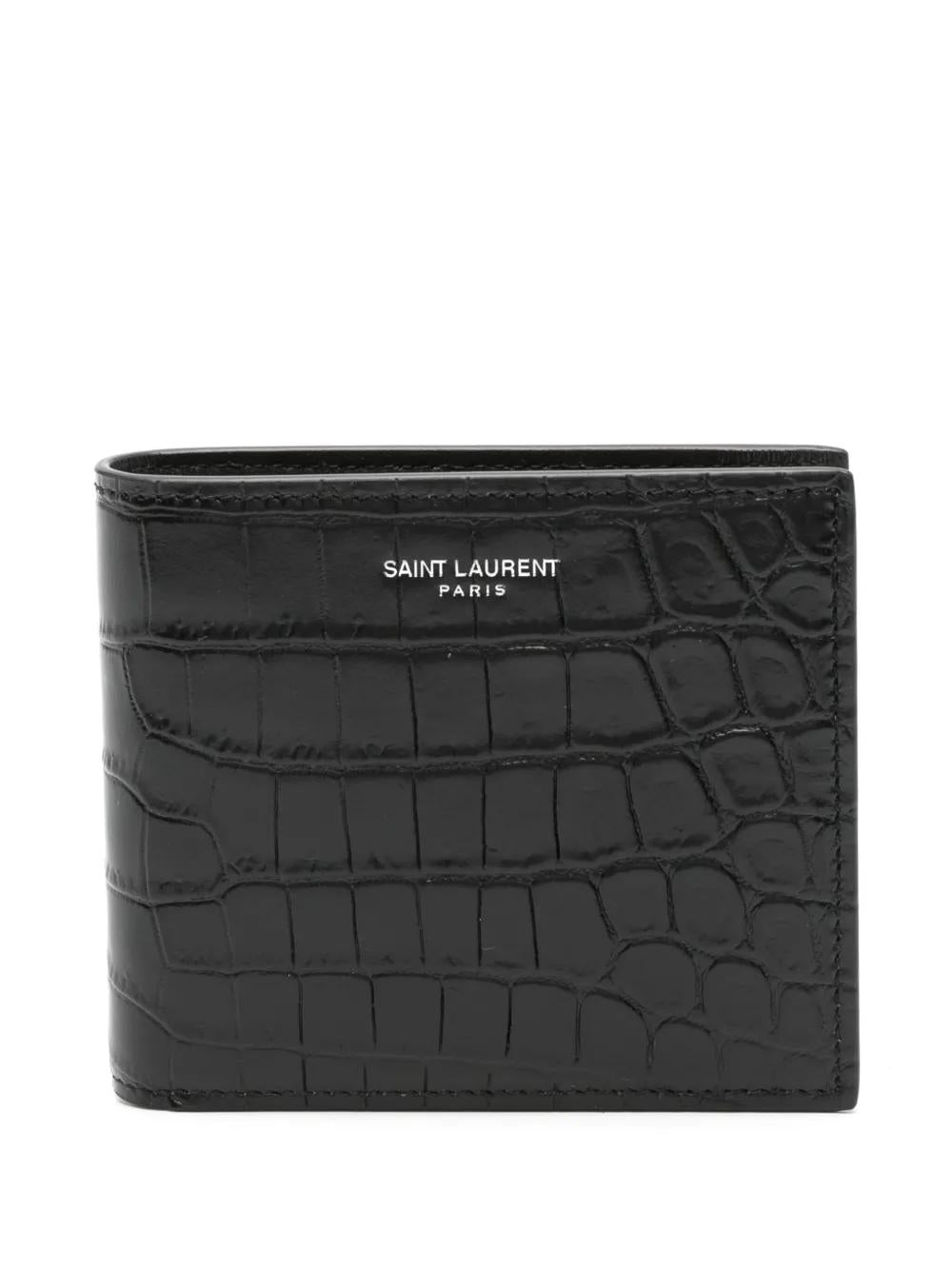 SAINT LAURENT Mini Leather Wallet with Crocodile Embossed Detail
