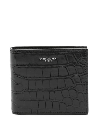 SAINT LAURENT Mini Leather Wallet with Crocodile Embossed Detail