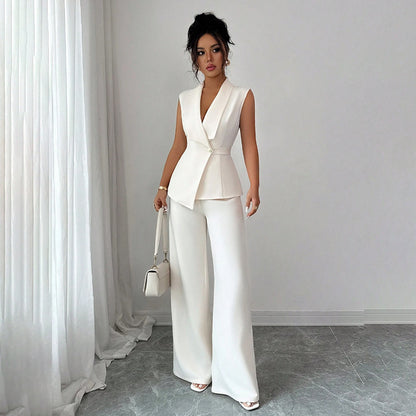 Women Sleeveless Suit and Straight Pants Two Piece Set
