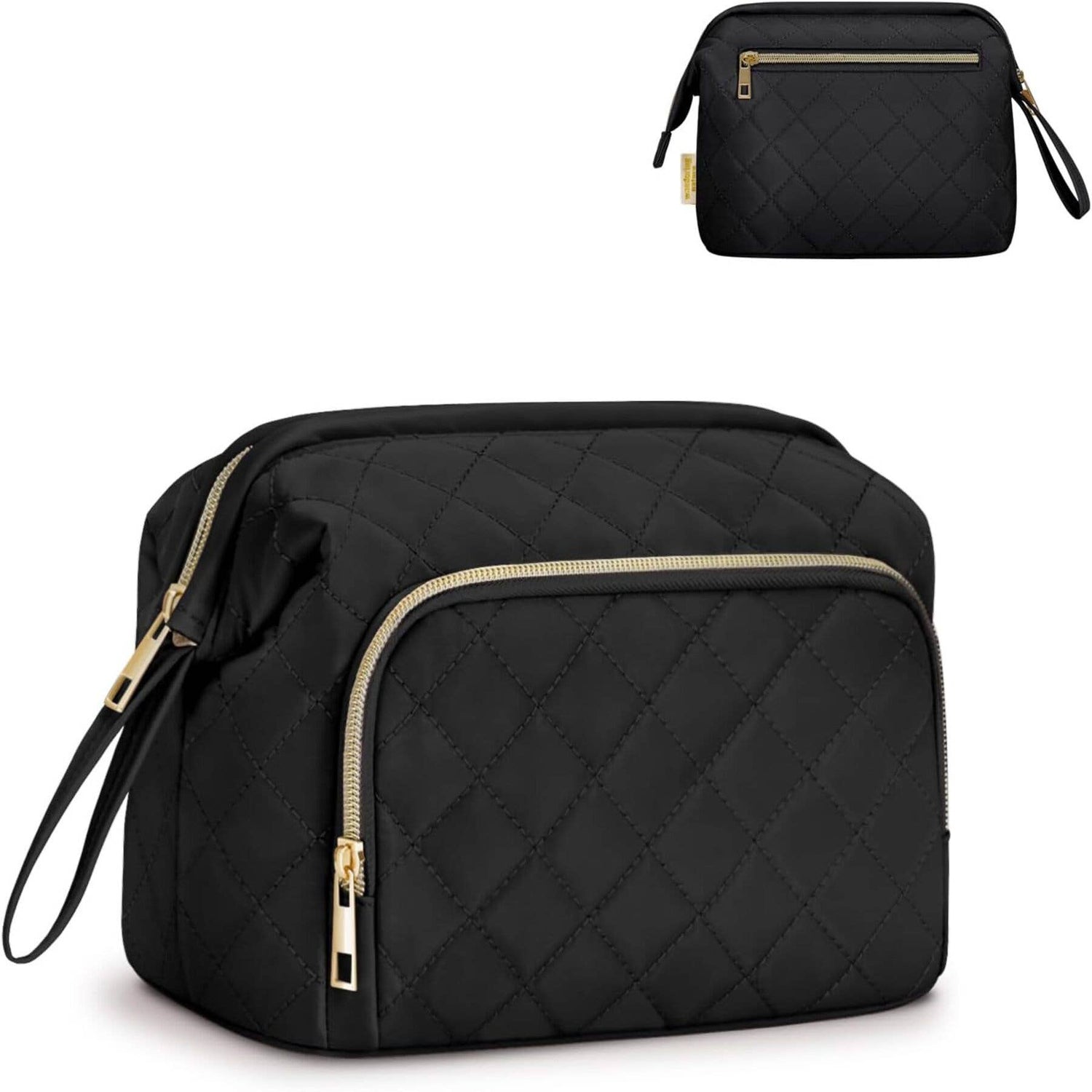 Wide-open Quilted Travel Makeup Organizer Bag with Handle: Black