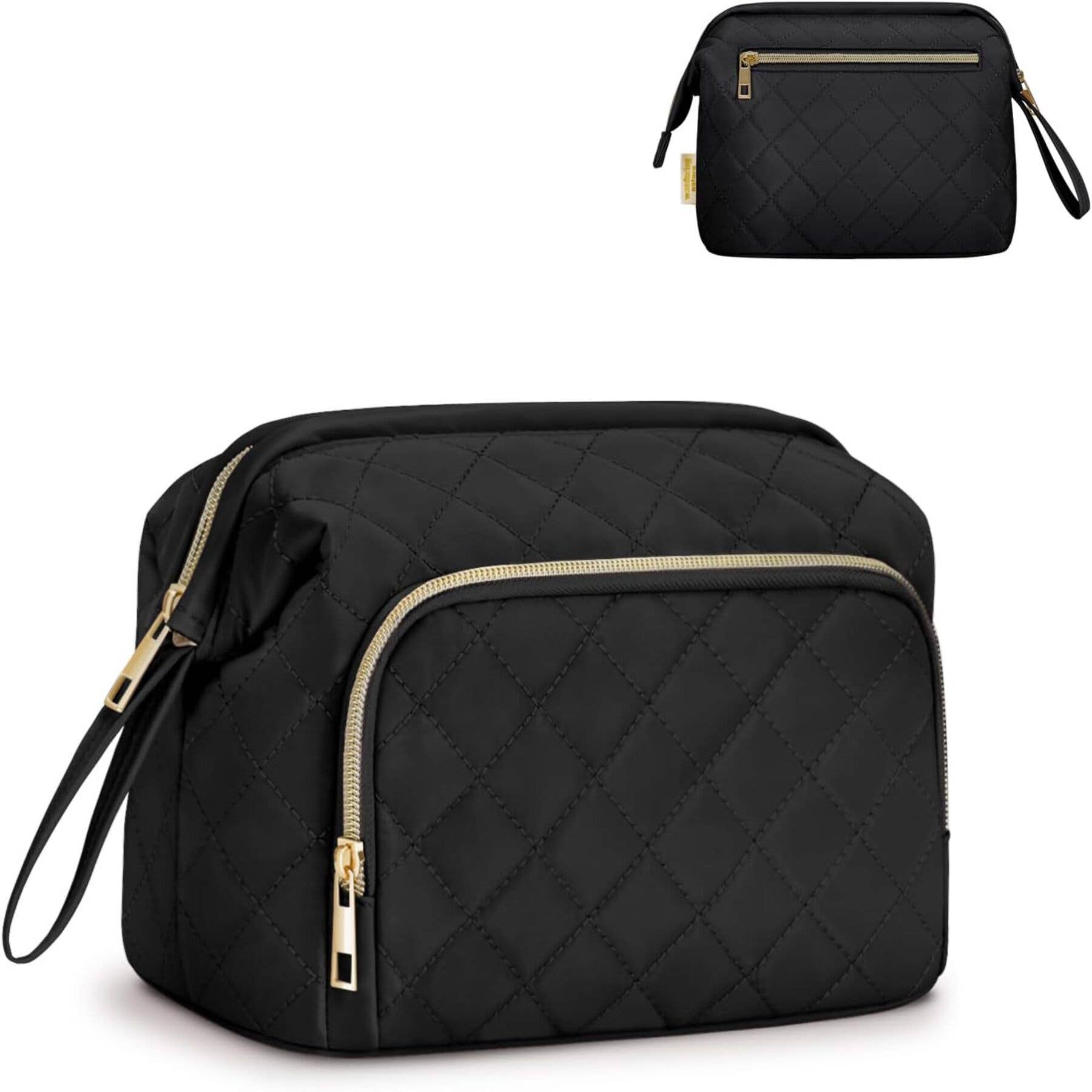 Wide-open Quilted Travel Makeup Organizer Bag with Handle: Black