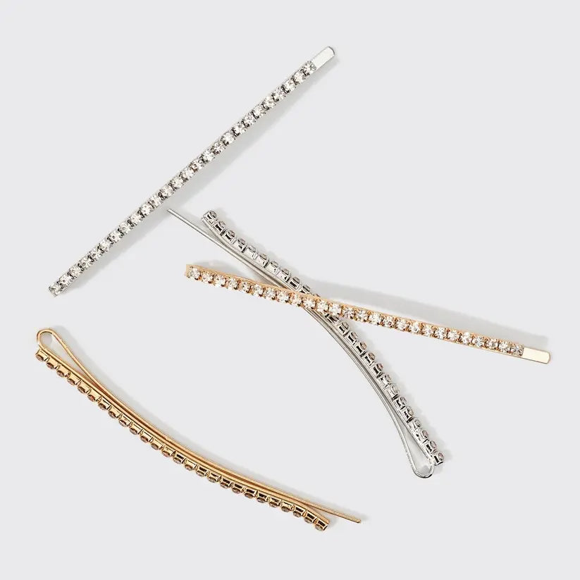 Metal Rhinestone Extra Long Bobby Pins 4pc Set