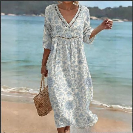 Women Summer Bohemian Lantern Sleeve Long Dress