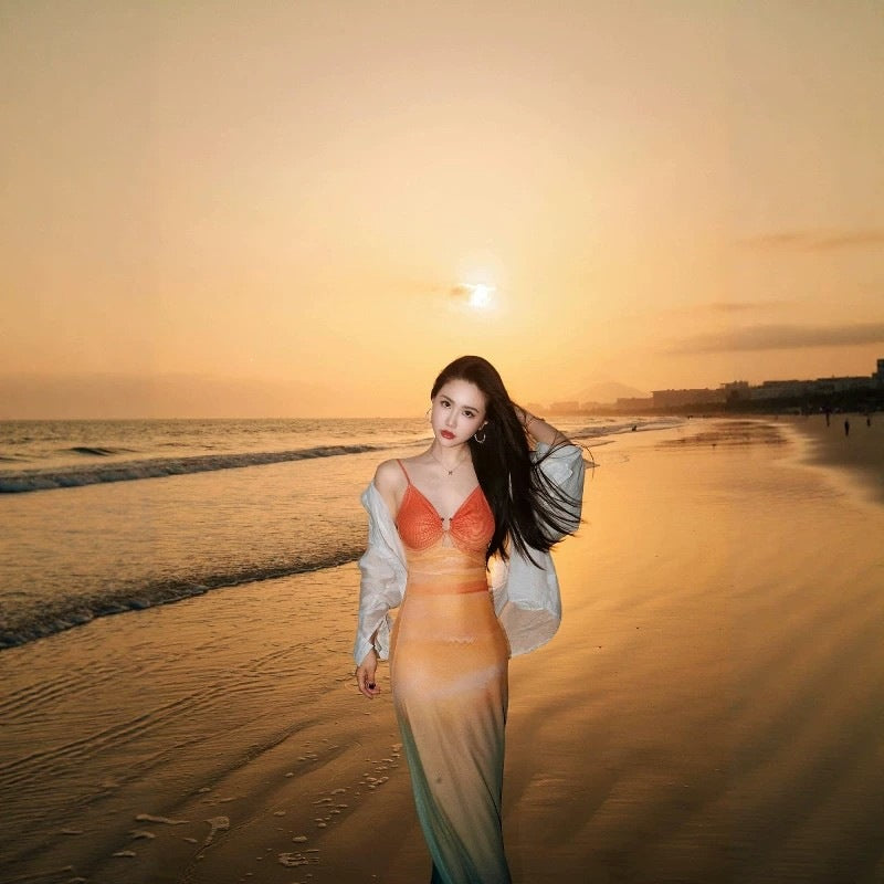 Patchwork Beach Dress with Slimming Long Design
