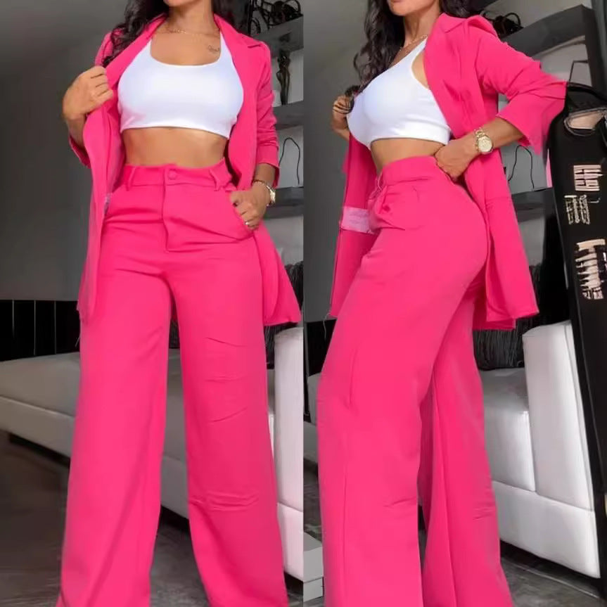 Elegant Solid Color Split Sleeve Lapel Blazer Straight Pants Suit