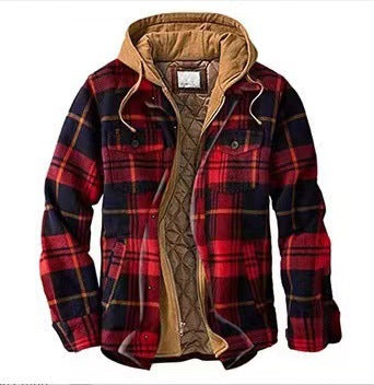 Mens Thickened Plaid Hooded Cotton Coat Long Sleeve Zipper Shirt Jacket