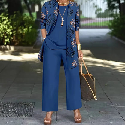 Womens Casual Printed Cardigan Long Sleeve Top and Pants Set