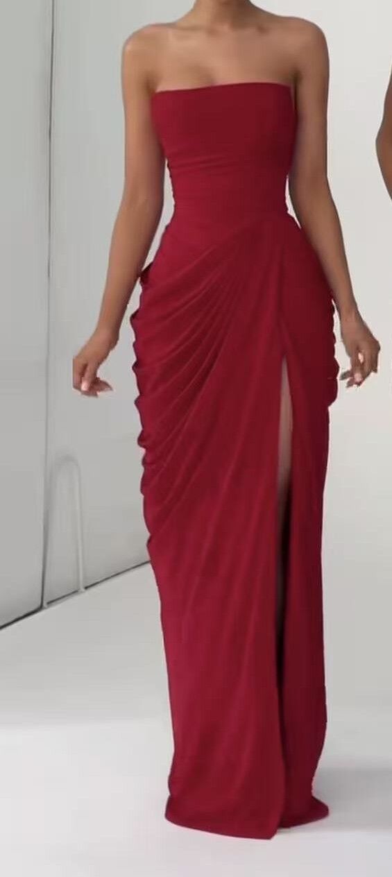 Sexy Slit Ruched Waist Strapless Long Dress