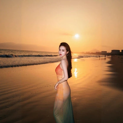Patchwork Beach Dress with Slimming Long Design