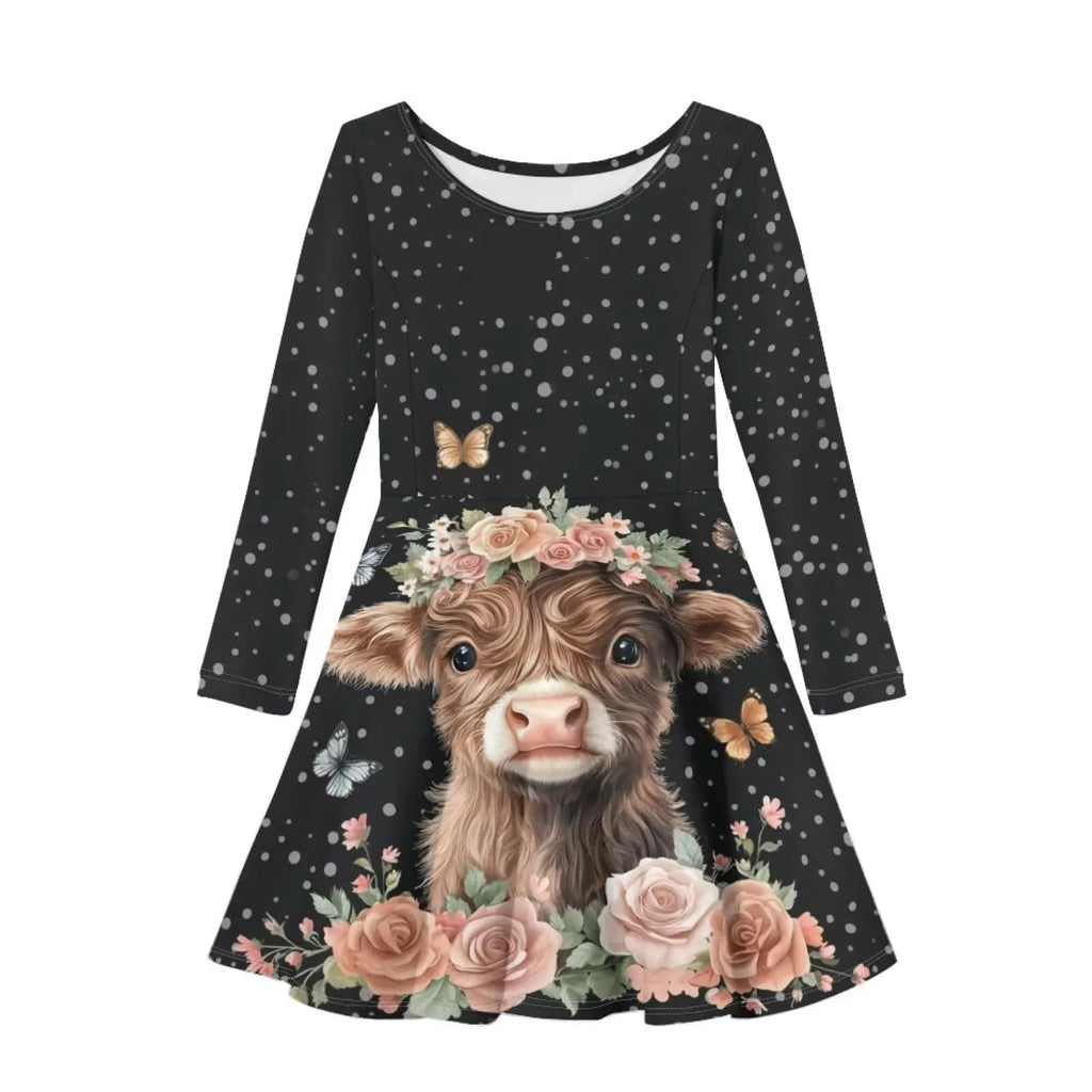 highland cow dress for toddler girls featuring a floral design and butterflies on a black background.