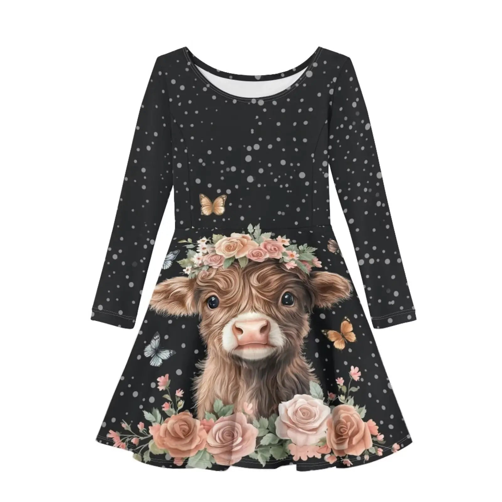 highland cow dress for toddler girls featuring a floral design and butterflies on a black background.