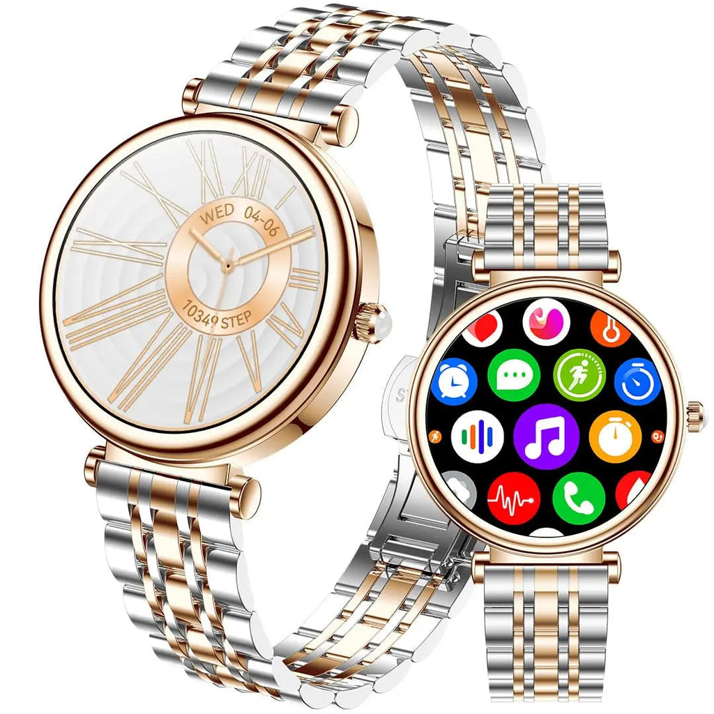 Smart watch for women with 1.27 inch color screen, rose gold stainless steel band, heart rate monitor, perfect for fitness.