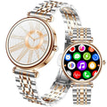 Smart watch for women with 1.27 inch color screen, rose gold stainless steel band, heart rate monitor, perfect for fitness.