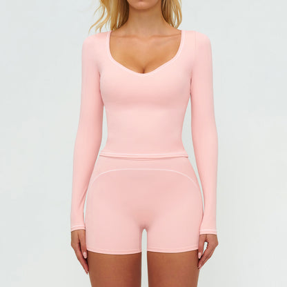 Color-Blocking Brushed Yoga Set for Women Double Shoulder Straps Workout Fitness Suit
