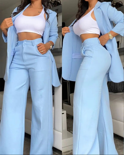 Elegant Solid Color Split Sleeve Lapel Blazer Straight Pants Suit