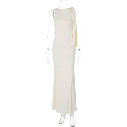 Elegant Sleeveless A-Line Dress with Shoulder Ribbon