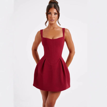 Fishbone pattern patchwork halter dress