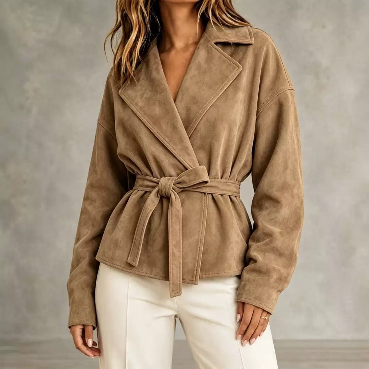 Lapel Suede Lace-Up Short Coat Loose Long Sleeve Jacket