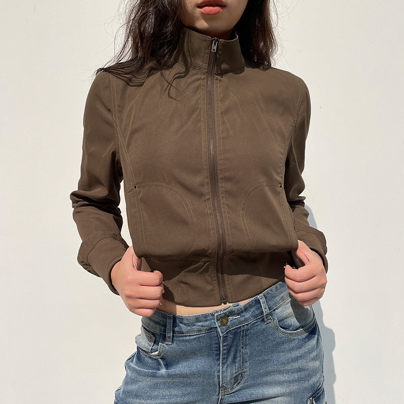 Vintage Brown High-Neck Slim-Fit Jacket