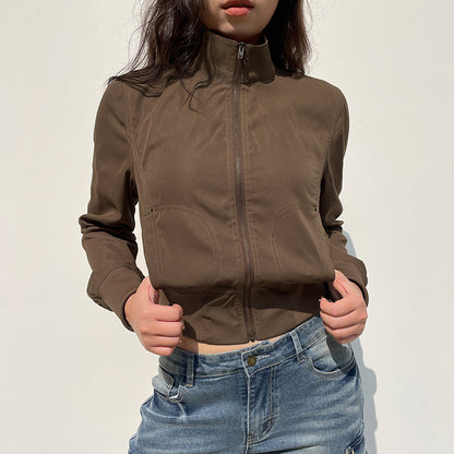 Vintage Brown High-Neck Slim-Fit Jacket