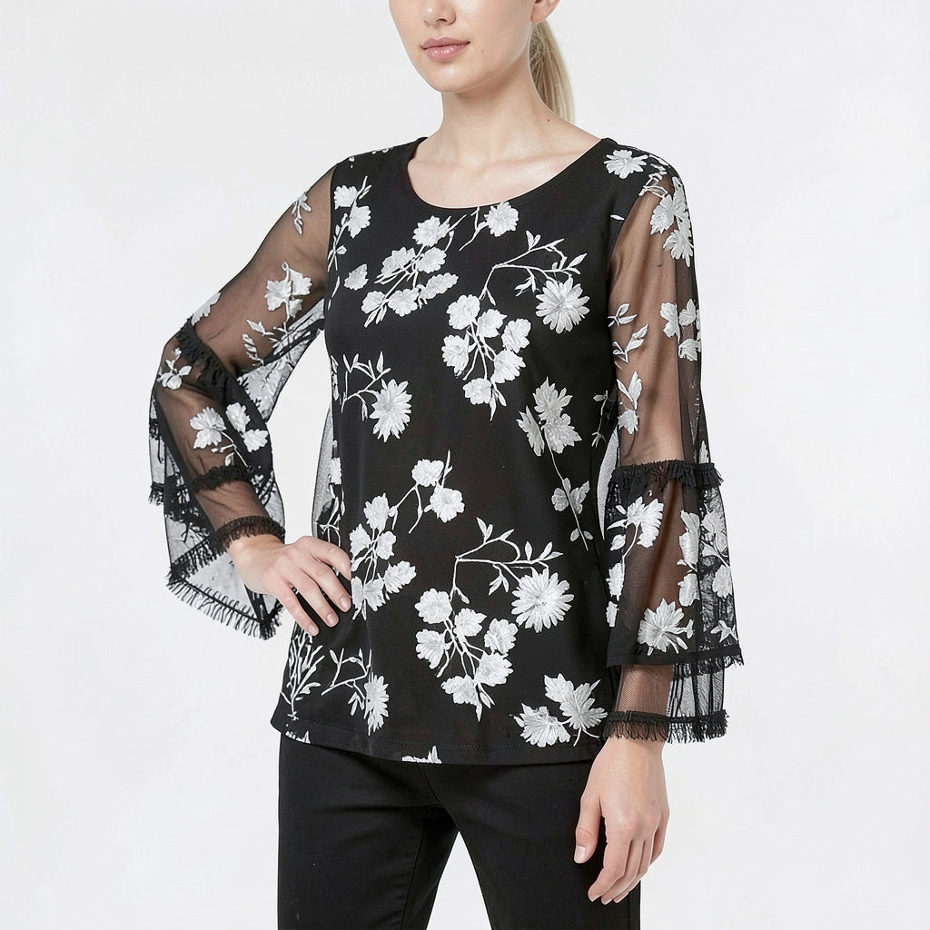 Alfani Embroidered Sheer-Sleeve Top, Size Small