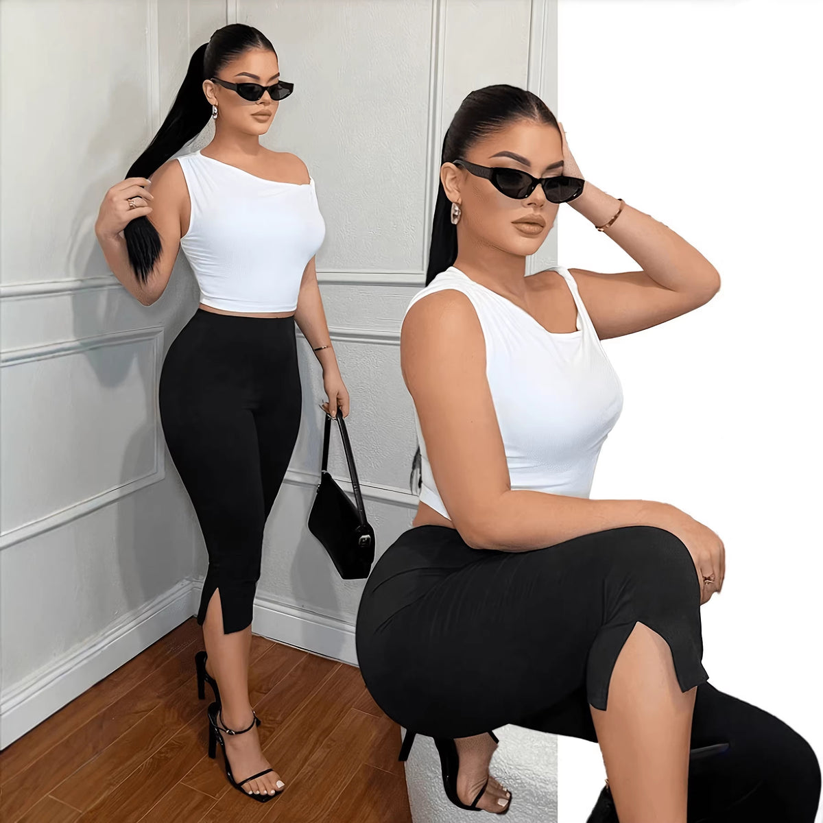 Womens Elastic Waist Slim Fit Split Leggings