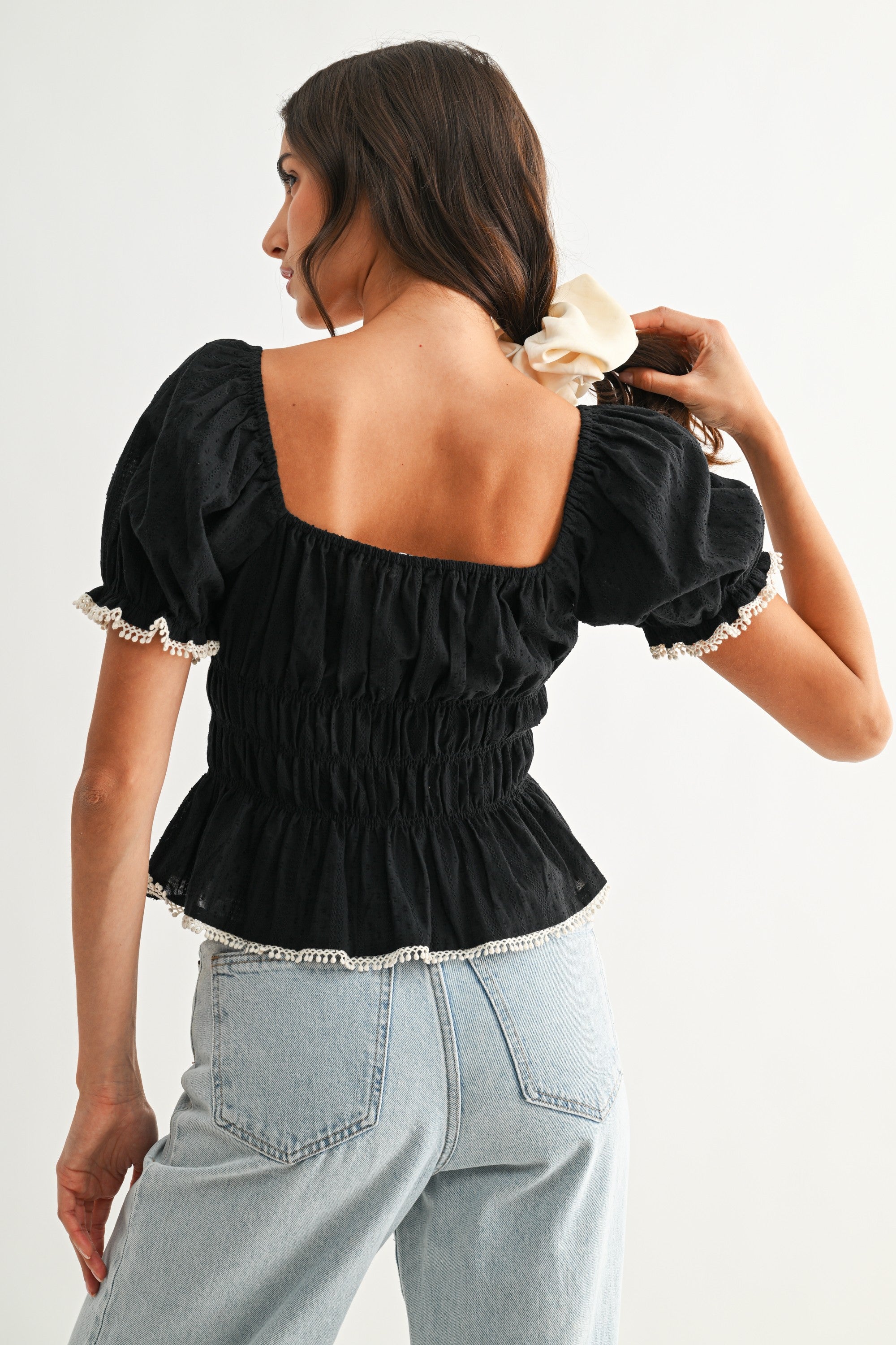 Smocked Peplum Top With Puff Sleeves