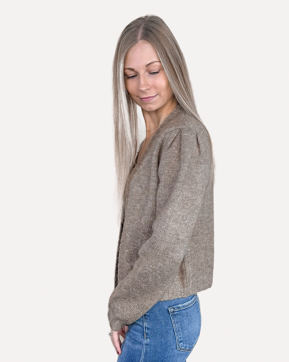 Puff Sleeve Knit Sweater Cardigan - Cafe Latte