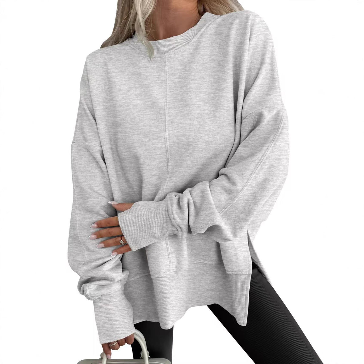 Womens Loose Bat Sleeve Side Slit Round Neck Fleece Lined Sweatshirt