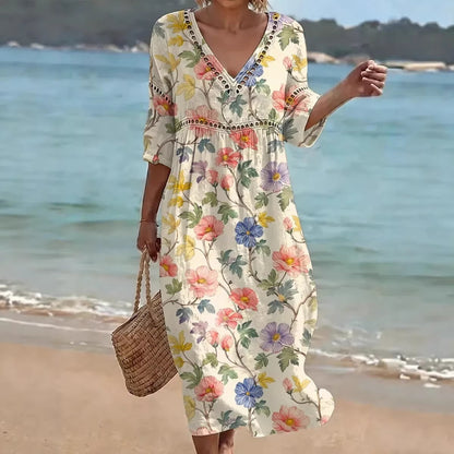 Womens V-Neck 3D Digital Print A-Line Midi Dress