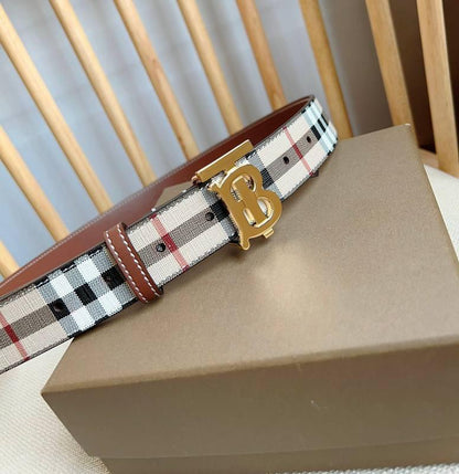 Burberry TB Belt: E-Canvas &amp; Leather Vintage Check Monogram Buckle