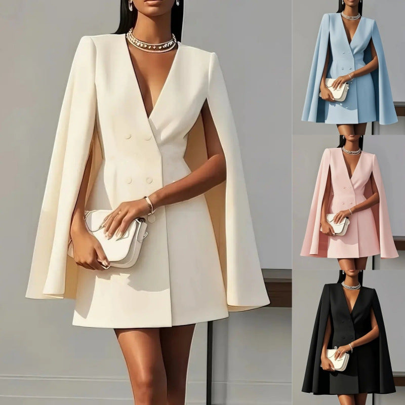 Double-Breasted Shawl Cape Dress