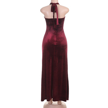 Neck-baring tight-fitting, waist-shrinking, slit-bottomed dress formal gown