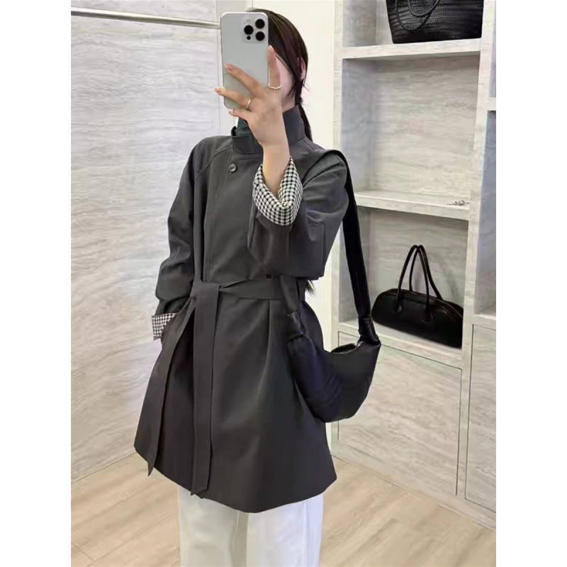 Cinched-waist mid-length trench coat