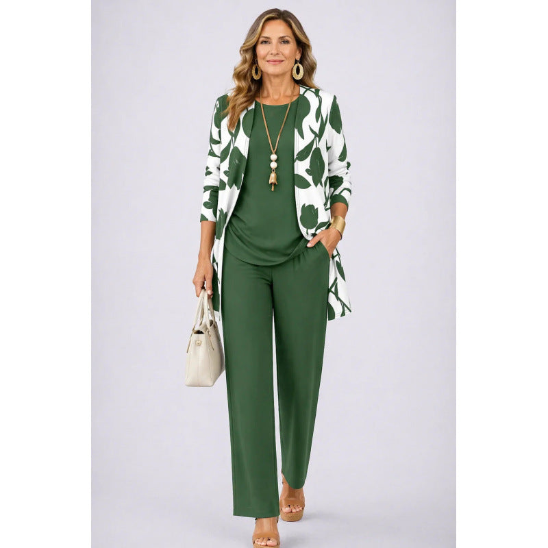 Womens Casual Printed Cardigan Long Sleeve Top and Pants Set