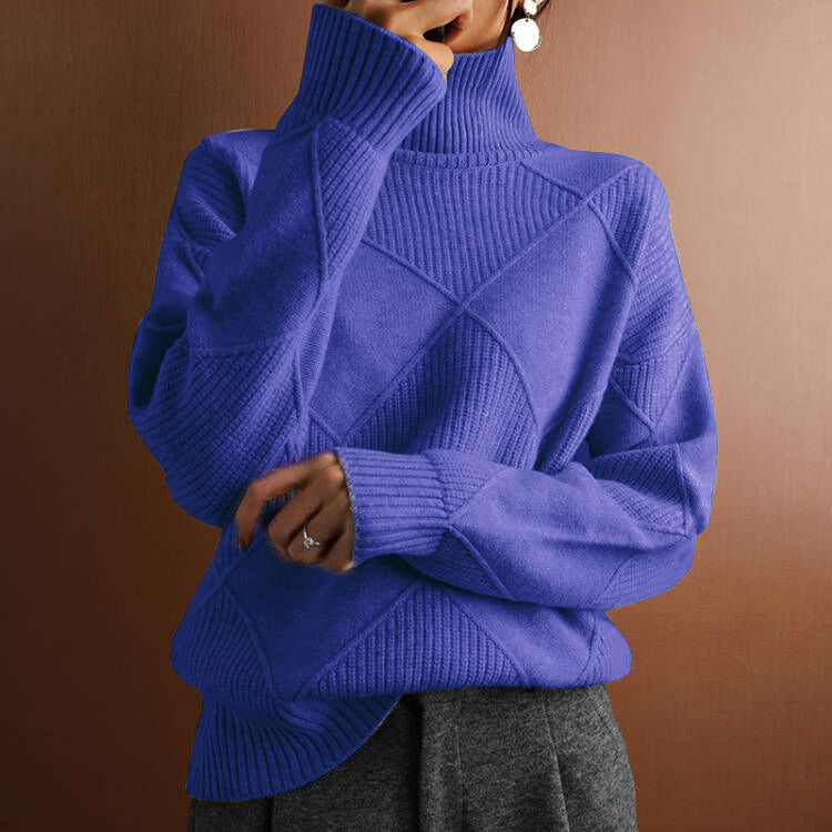 Womens High Neck Loose Fit Diamond Pattern Sweater