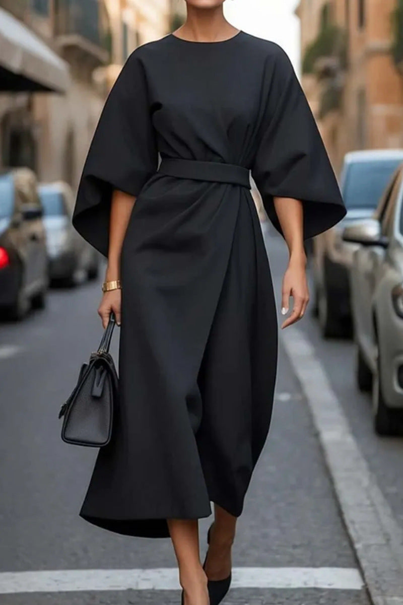 Womens Elegant Solid Color Waist-Cinching Batwing Sleeve Long Dress