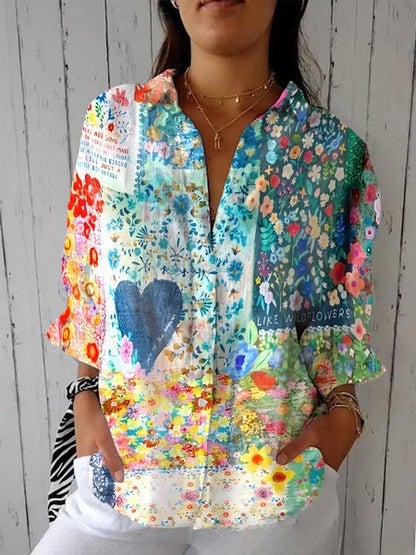 Floral Print Long Sleeve Womens Lapel Cardigan Shirt