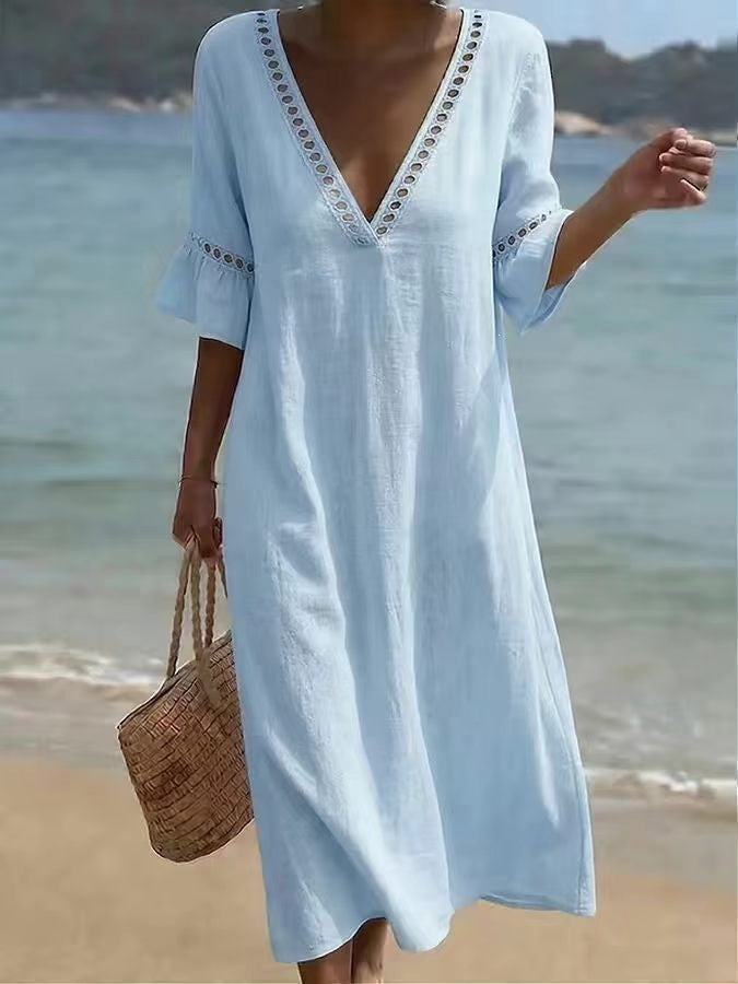 Womens V-Neck 3D Digital Print A-Line Midi Dress