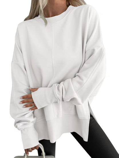 Womens Loose Bat Sleeve Side Slit Round Neck Fleece Lined Sweatshirt