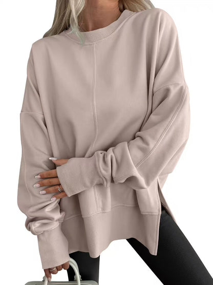 Womens Loose Bat Sleeve Side Slit Round Neck Fleece Lined Sweatshirt