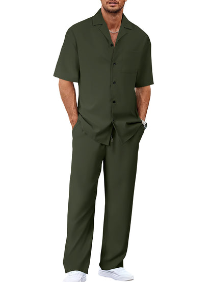 Mens Casual Two Piece Suit Loose Fit Short Sleeve Shirt and Trouser Set