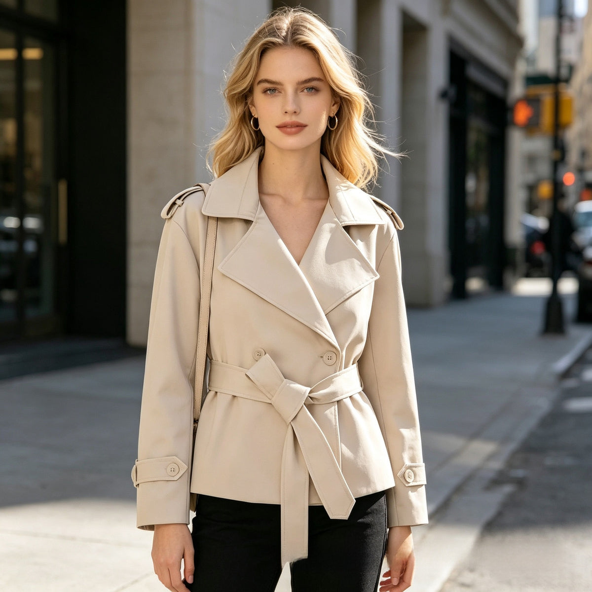 Women Casual Short Trench Coat with Belt Solid Color Spring Outerwear