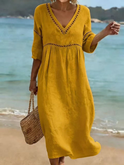Womens V-Neck 3D Digital Print A-Line Midi Dress