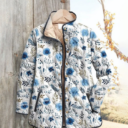 Women Floral Stand Collar Pleated Cotton Sweatshirt
