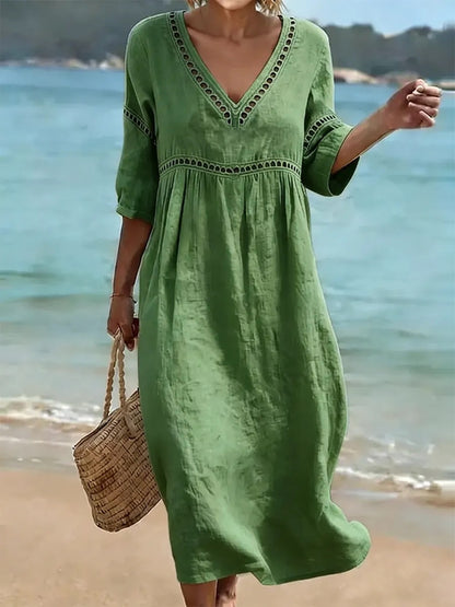 Womens V-Neck 3D Digital Print A-Line Midi Dress