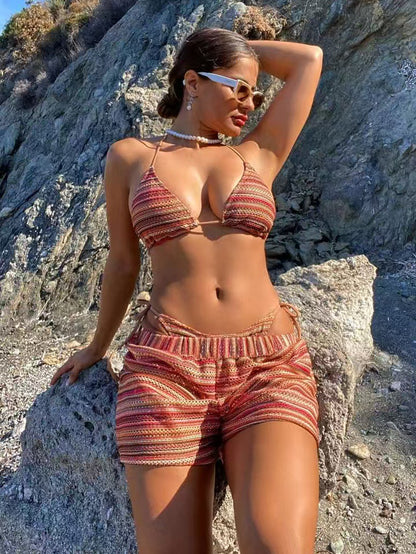 2Fashion Sexy Lace-up Striped Three-piece Swimsuit Women