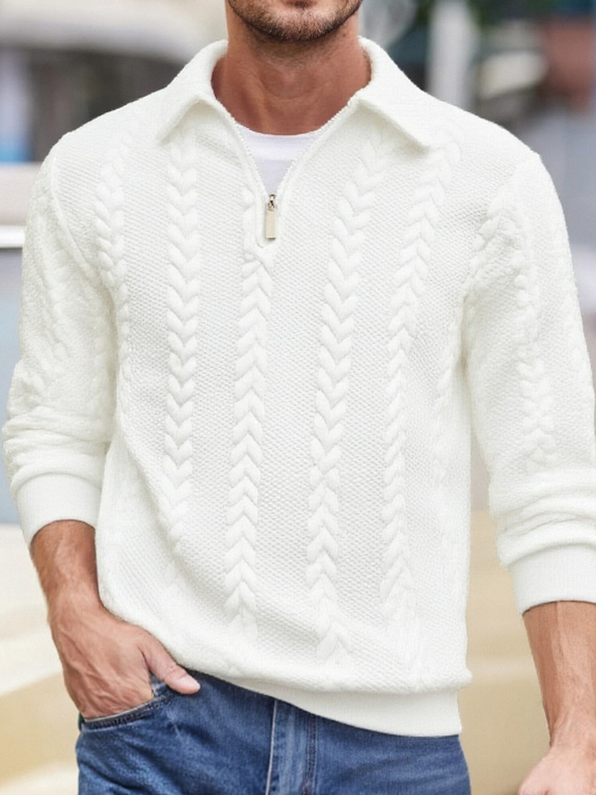 Mens Half Zip Jacquard Polo Shirt