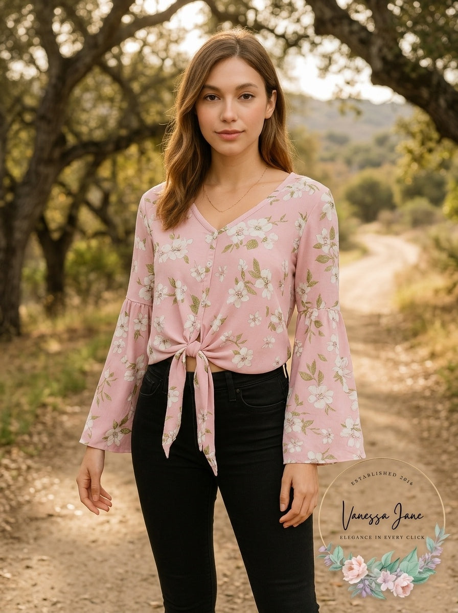 Polly &amp; Esther Juniors Tie-Front Bell-Sleeve Top