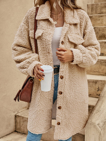 Womens Winter Plush Coat Open Front Lapel Long Coat